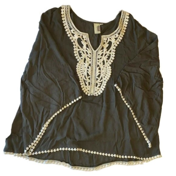 Gray Boho Tunic Blouse With Crochet Lace Detail & Bell Sleeves Small - Picture 1 of 5